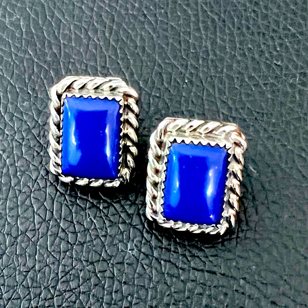 Zuni Artisan Sensa Eustace .925 Sterling Lapis Post Earrings, Signed